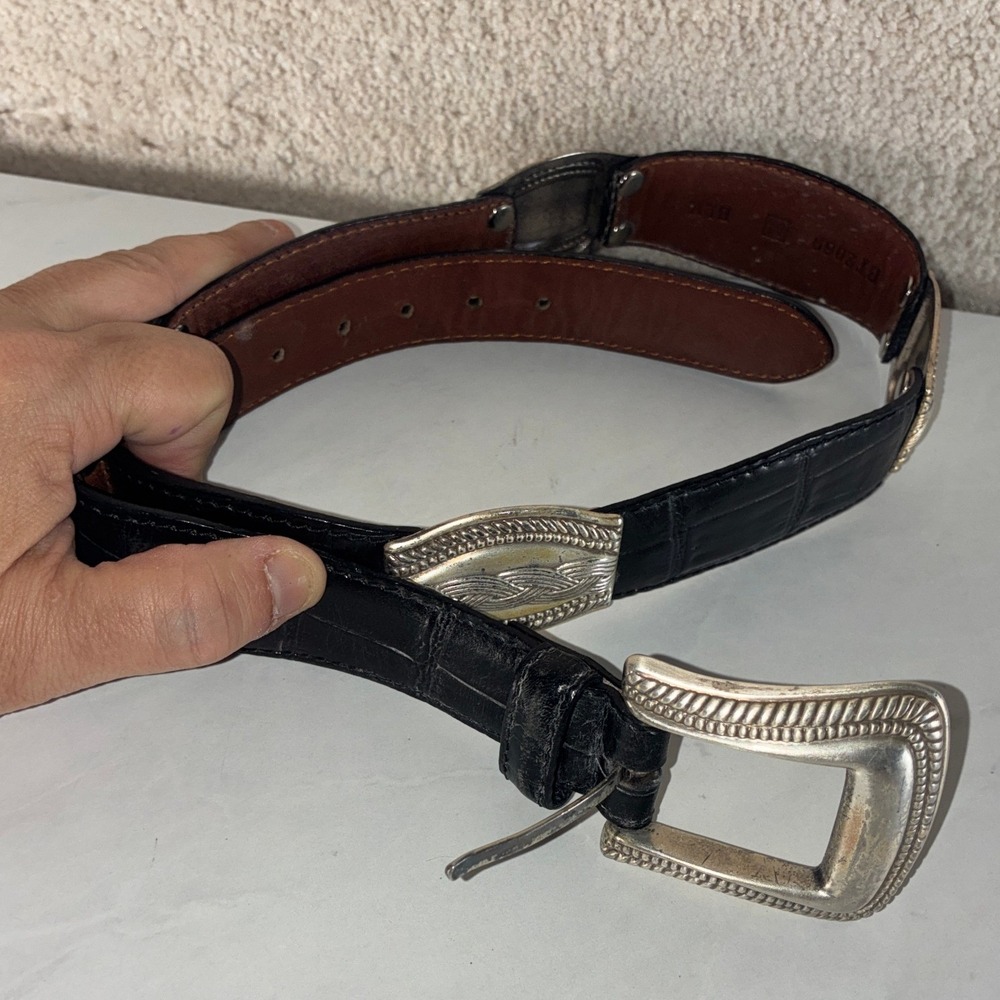 Fossil Black Leather Concho Belt - M - Croc Embossed Western Cowboy Boho